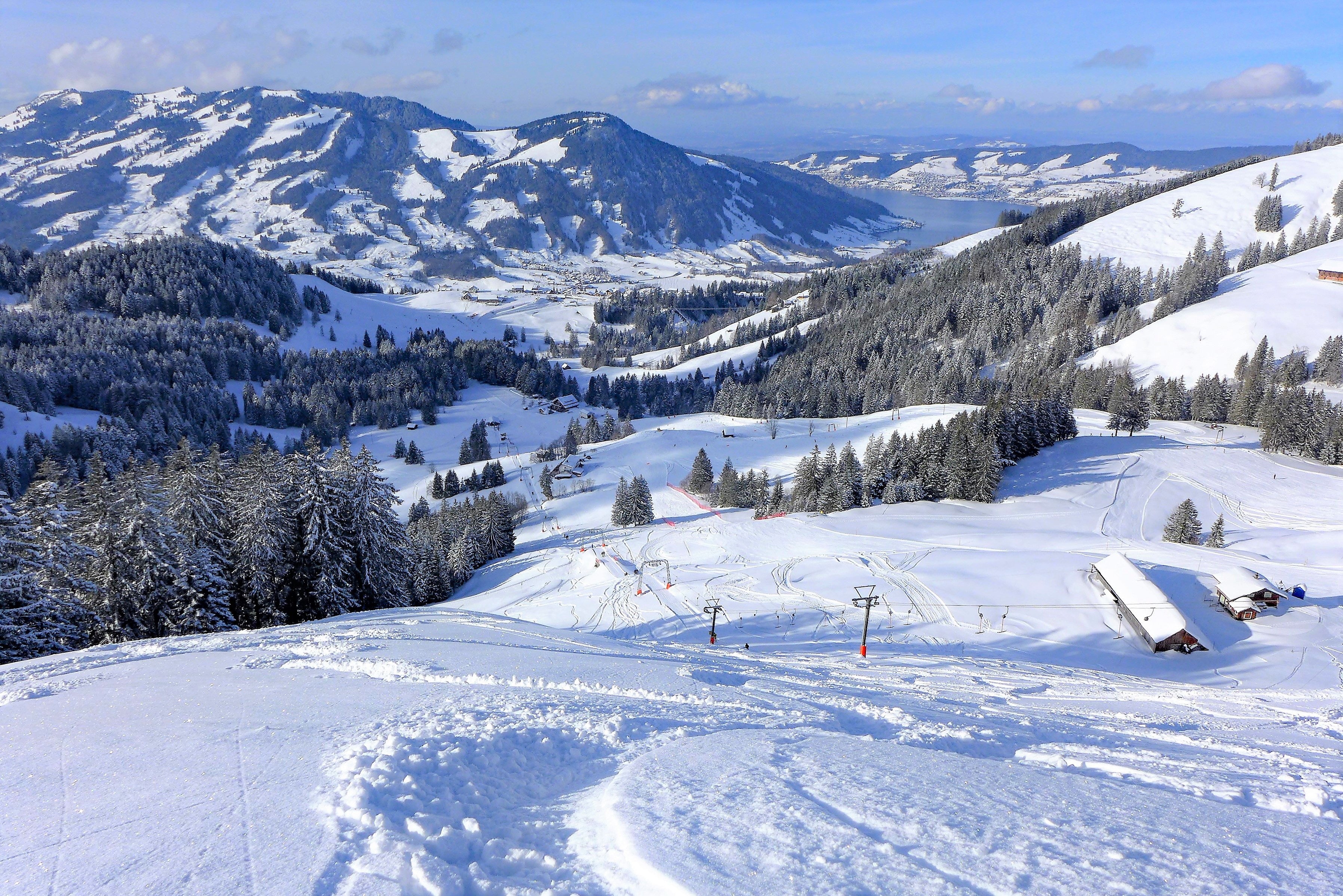 Bild von Hochstuckli aus auf die Winterlandschaft. 